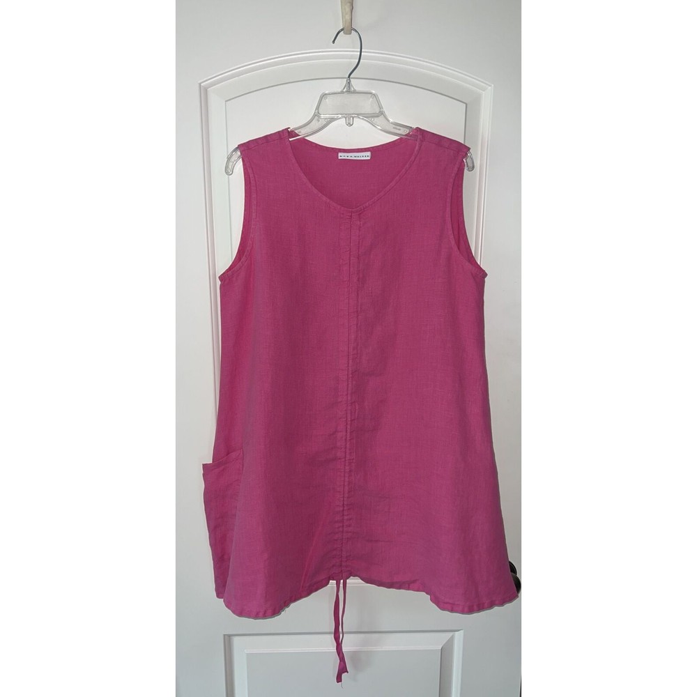 bryn WALKER Linen Sleeveless Drawstring Front V-Neck Tunic Top, Pink, Size Small